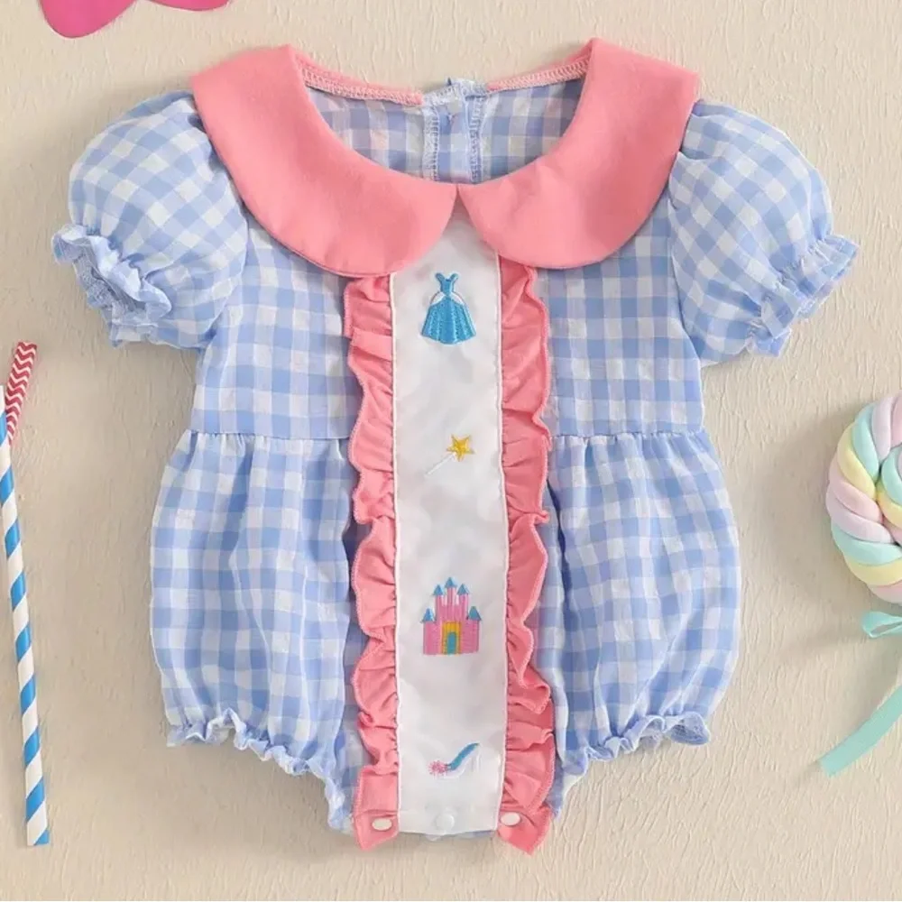 Princess Castle Disney Design Pink & Blue Gingham 6-12 Months Peter Pan Collar